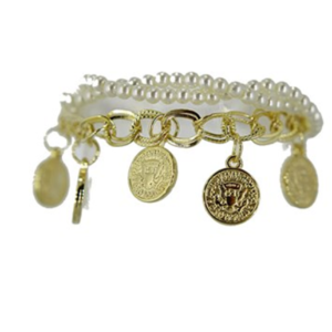 Pulseira Com Pérolas Pingentes Luxo Elegante Moedas