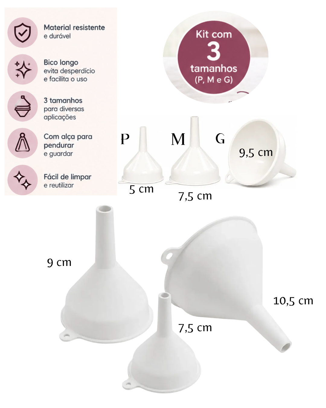 Kit Funil Plástico 3 peças – P_M_G – BRANCO -1